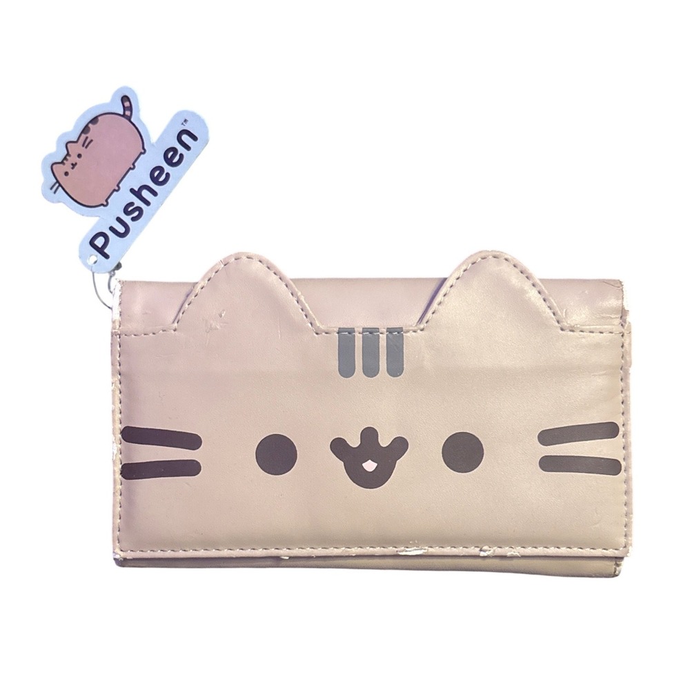Pusheen The Cat Faux Leather Flap Wallet Tan 3D Ears Snap Closure NWT Flawed